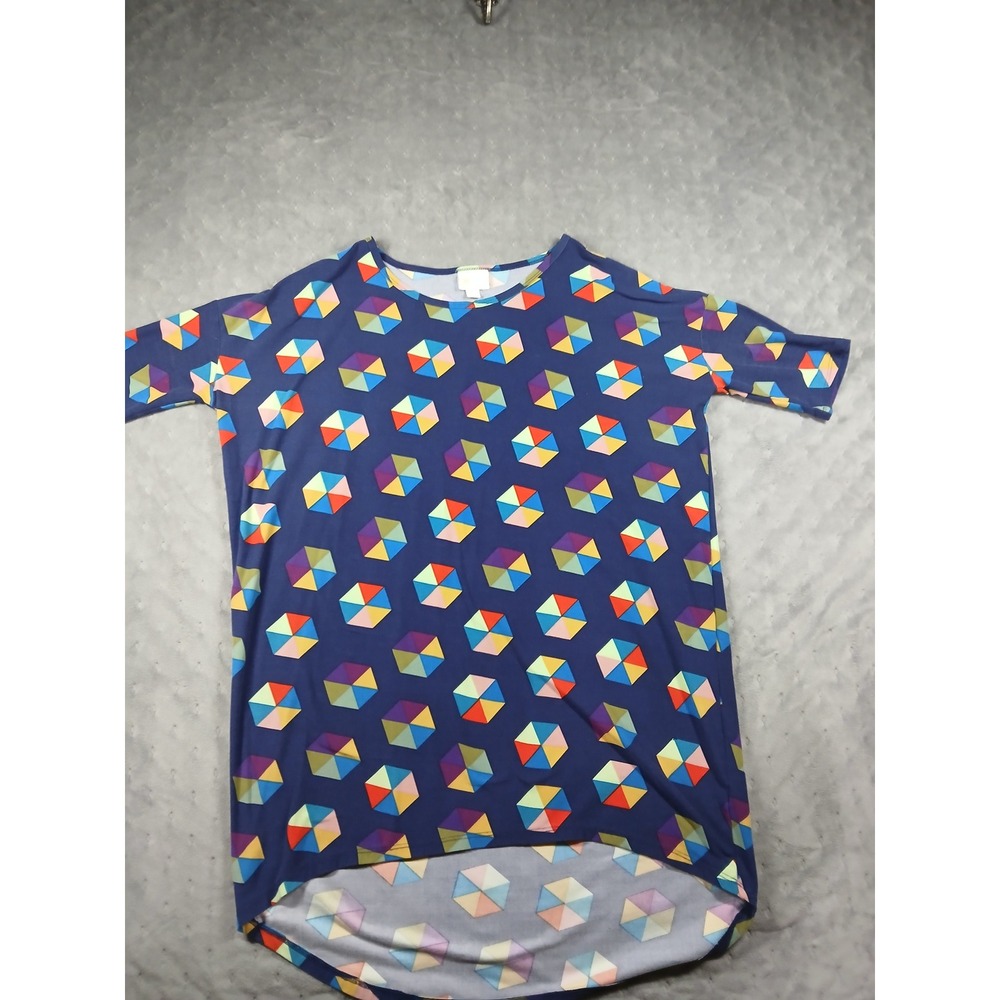 LuLaRoe Irma Tunic Top XXS Navy Blue Geometric Hexagon Prism High LowShortSleeve